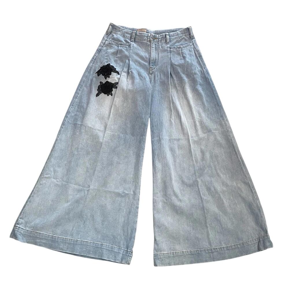 Pilcro Light Blue Wide-Leg Jeans with Black Floral Detail